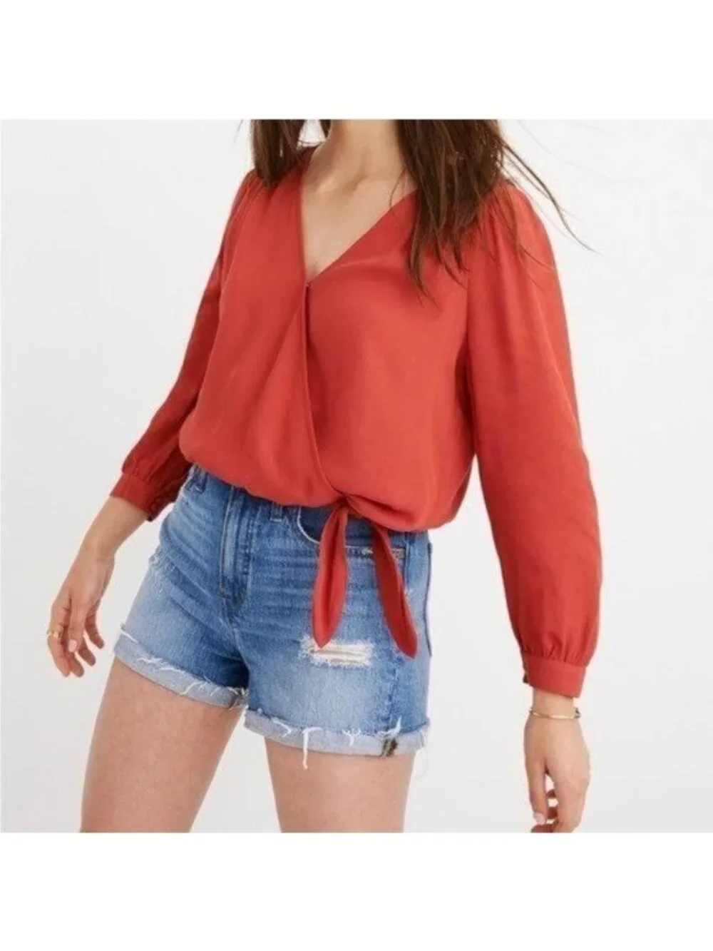 Madewell Women's Medium Bright Ember Orange Silk 3/4 Sleeve Wrap Blouse